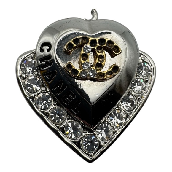 CHANEL Jewelry - Vintage Chanel Heart Pendant • Silver Tone Rhinestones • CC Logo Look • 1”